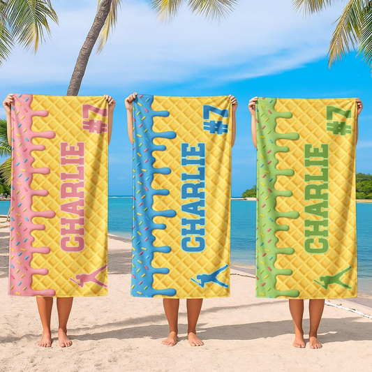 Personalized Ice Cream Drip Baseball Softball Beach Towel For Boys, Girl, Drip Beach Towel