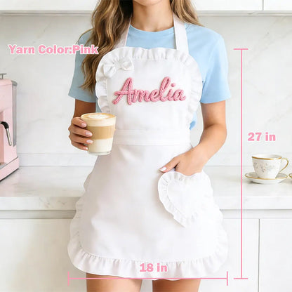 Custom Name Pink Apron : Ruffled Heart Pocket, Baking Lover Gift