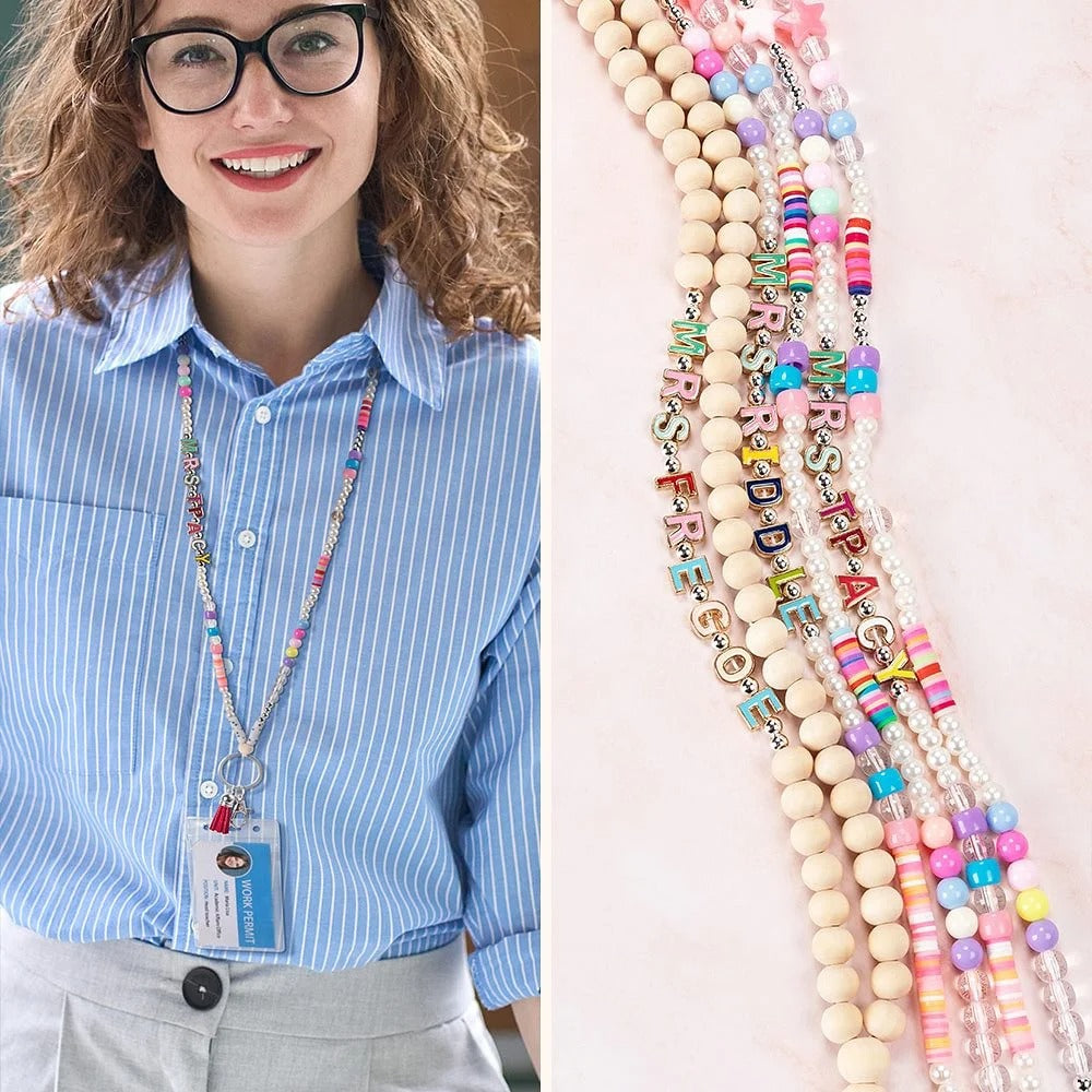 Personalized Colorful Wooden Name Beaded Badge Lanyard ID Card