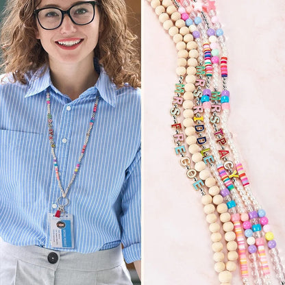 Personalized Colorful Wooden Name Beaded Badge Lanyard ID Card
