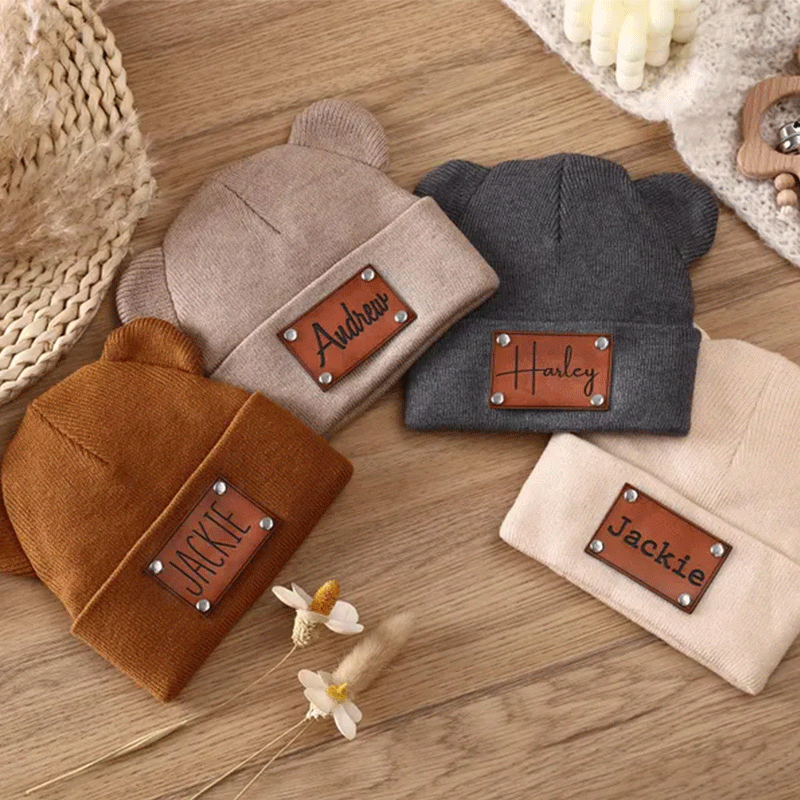 Personalized Baby Beanie with Bear Ears, Custom Beanie with Name Patch