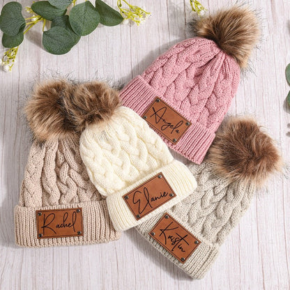 Leather Patch Beanies Kid Knitted Hat,Child & Adult