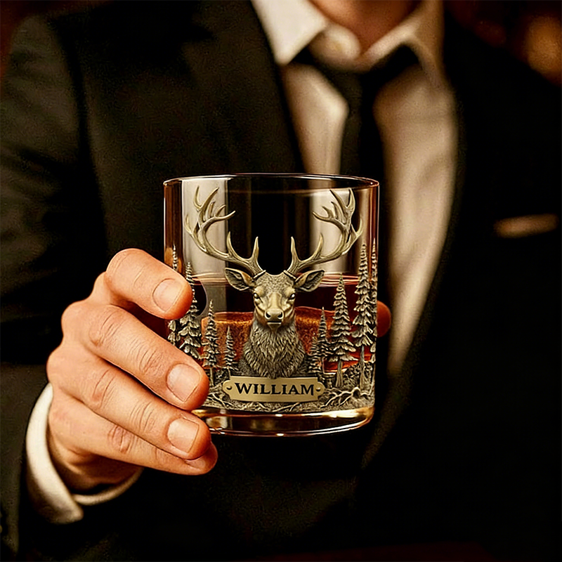 Deer Hunter Whiskey Glass Golden, Personalized Whiskey Glass