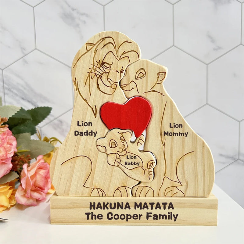 Custom Wooden Lion Family Puzzle-Engraved Family Name Puzzle