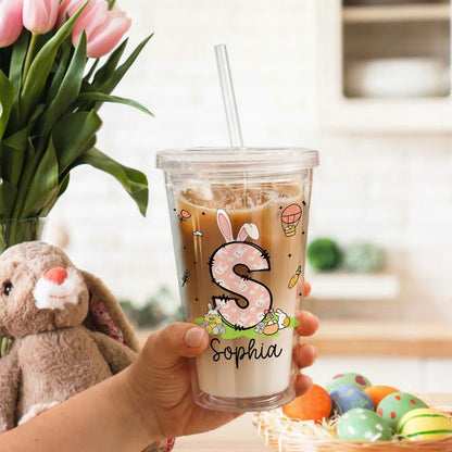 Personalized Cute Bunny 16 oz Easter Straw Water Bottle with Nam
