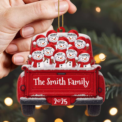 Custom Snowman Family Christmas Ornament, Red Truck Flat Ornament