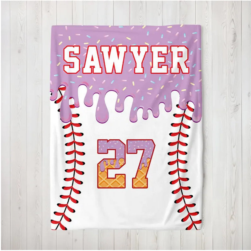 Personalized Baseball Blanket: Ice Cream Drip Design, Custom Name