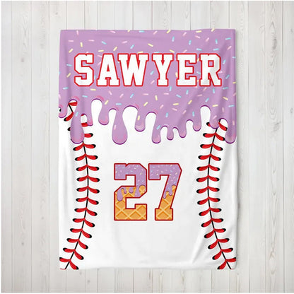 Personalized Baseball Blanket: Ice Cream Drip Design, Custom Name