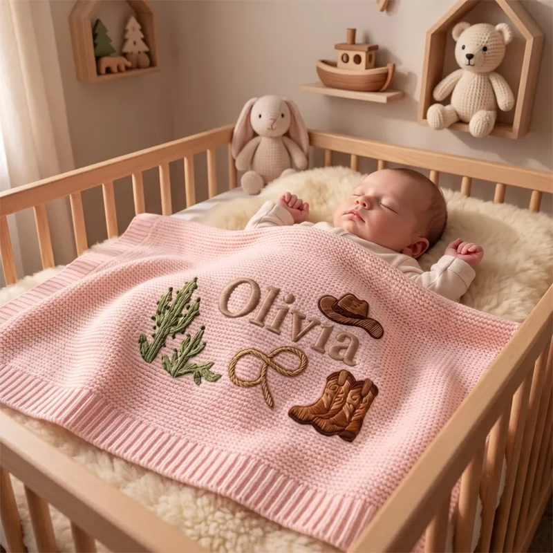 Personalized Cowboy Embroidered Baby Blanket with Name