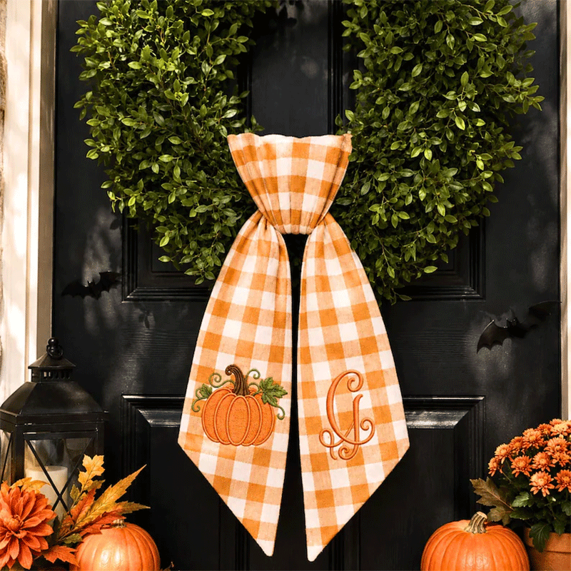 Personalized Pumpkin Wreath Sash - Fall Monogram Gingham Door Bow