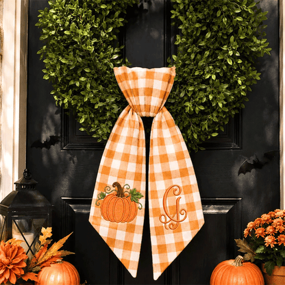Personalized Pumpkin Wreath Sash - Fall Monogram Gingham Door Bow