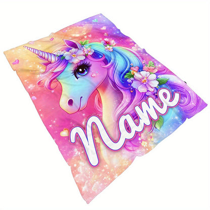 Custom Name Beautiful Dazzling Flower Unicorn Print Portable Blanket