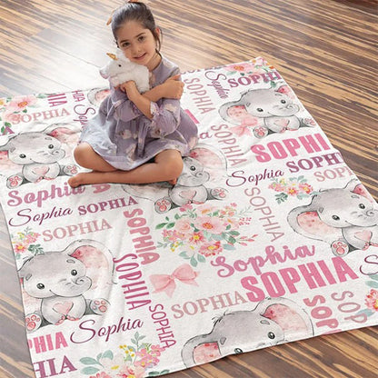 Personalized Cute Pink Blue Floral Elephant Blanket
