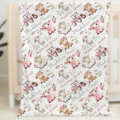 Farm Animals Blanket Baby Girl, Custom Name Blanket Girl, Pink Tractor Minky