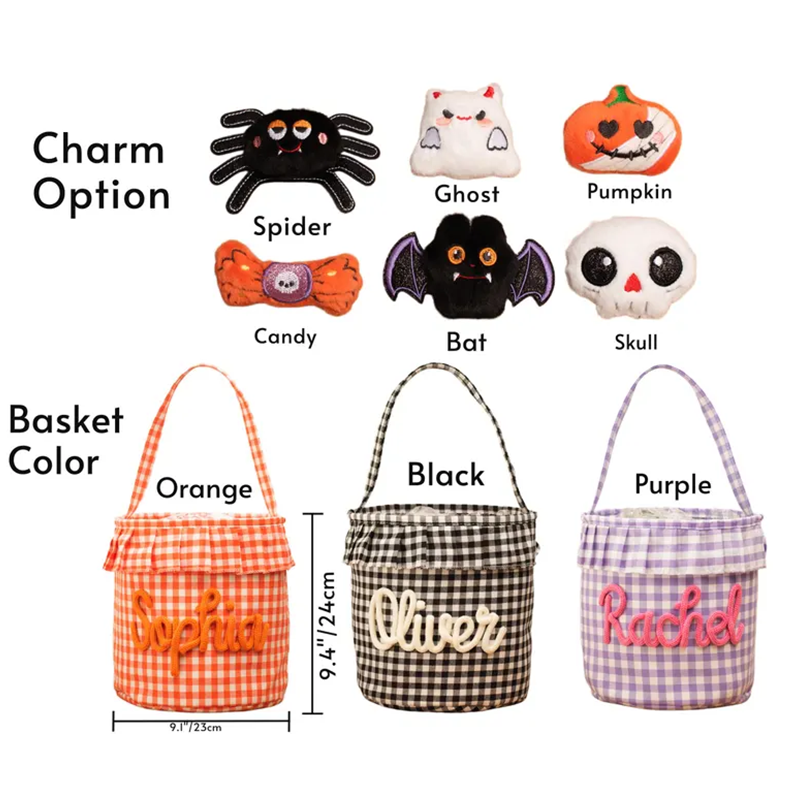 Halloween Basket Ruffle Personalized,Plaid Trick or Treat Bag with Custom Name