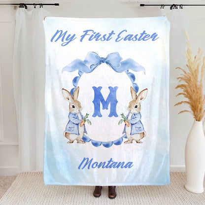 Personalized Easter Watercolor Bunny Bow Wreath Blanket