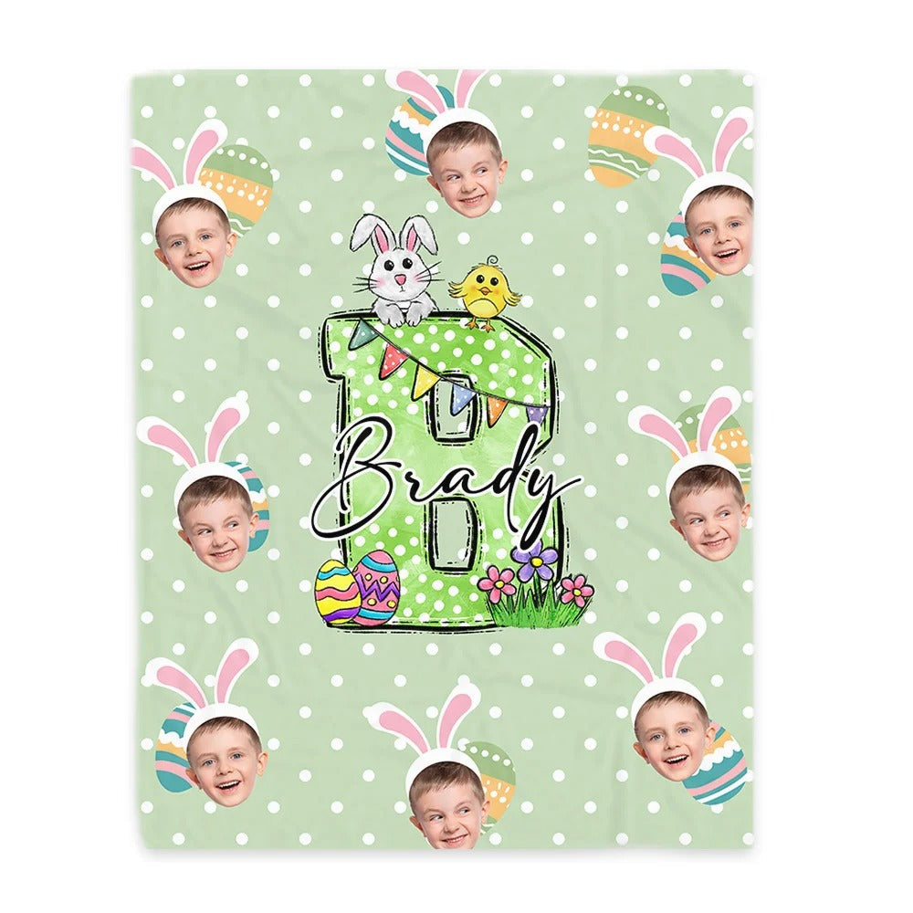 Personalized Easter Colorful Polka Dot Bunny Chick Initial   & Face Photos Blankets