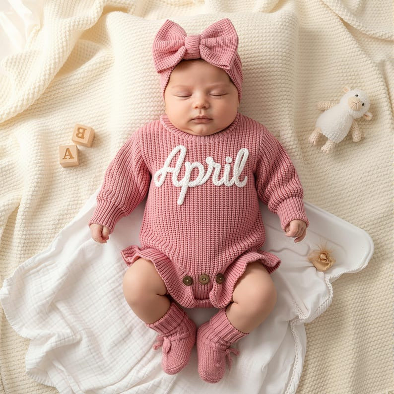 Hand Embroidered Name Baby Romper Set,Personalized Outfit