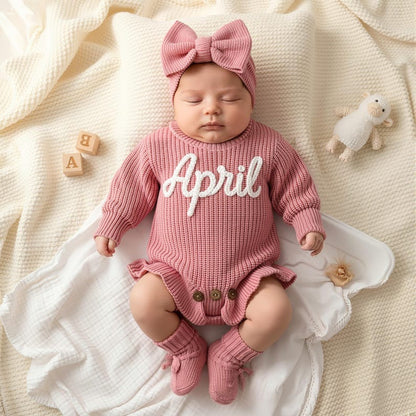 Hand Embroidered Name Baby Romper Set,Personalized Outfit