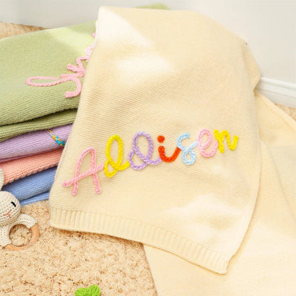 Personalized Hand-Embroidered Knit Baby Blanket Baby Name Blanket
