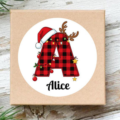 Custom Name Holiday Stickers: Plaid Initial Christmas Labels