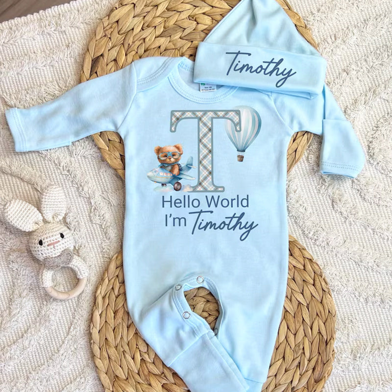 Personalized baby coming home outfit, romper hat set,