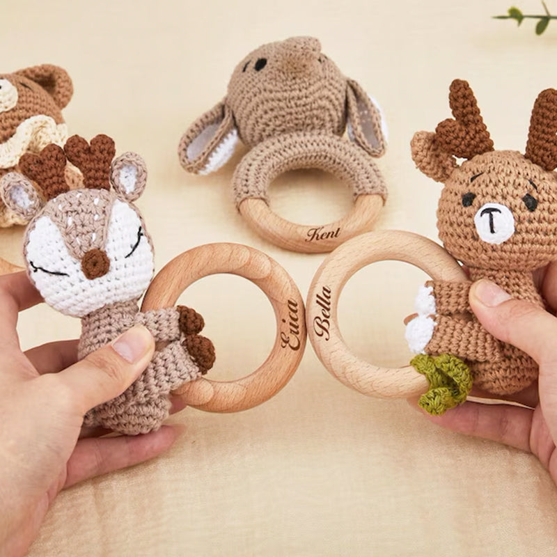 Personalized Crochet Animal Baby Rattle: Engraved Zelkova Wood