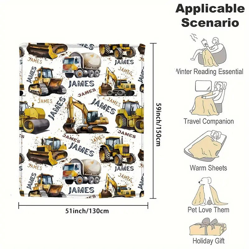 Personalized Fleece Throw Blanket Cute Excavator, Engineering Vehicle