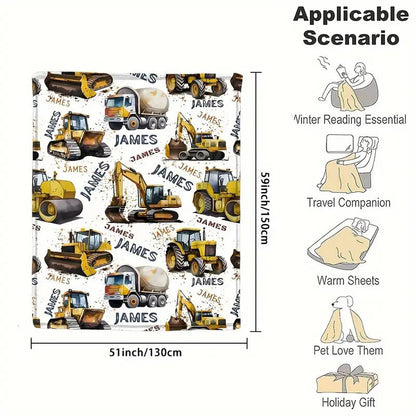Personalized Fleece Throw Blanket Cute Excavator, Engineering Vehicle