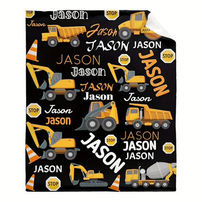 Custom Name Construction Trucks Throw Blanket, Contemporary Style Flannel