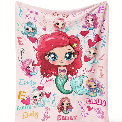 Personalized Mermaid Cartoon Blanket with Custom Name