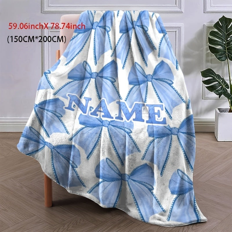 Customizable Name Light Blue Bowknot Pattern Flannel Fleece Blanket