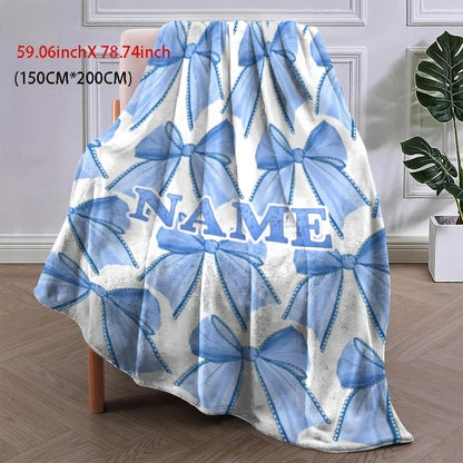 Customizable Name Light Blue Bowknot Pattern Flannel Fleece Blanket