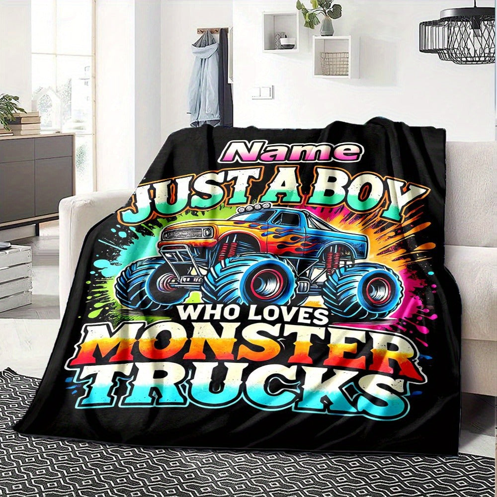 Personalized Monster Truck Throw Blanket - Custom Name