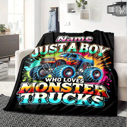 Personalized Monster Truck Throw Blanket - Custom Name