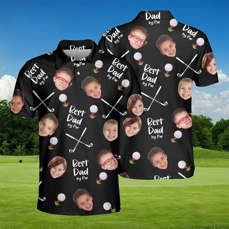 Best Dad By Par Polo Shirt with Custom Kid Face Photo Portrait, Father's Day Gift