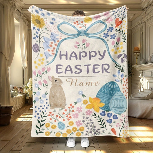 Custom Easter Bunny & Floral Print Flannel Blanket