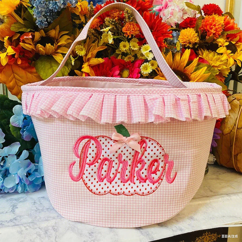Halloween Bucket Pink/Blue Gingham w/Pumpkin Personalized | Halloween Basket