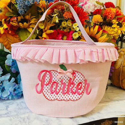Halloween Bucket Pink/Blue Gingham w/Pumpkin Personalized | Halloween Basket