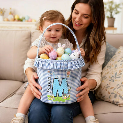 Personalized Cute Bunny Initial Flower Plaid Easter Basket with Name