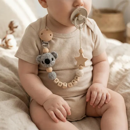 Personalized Crochet Pacifier Clip, Neutral Boho Pacifier Holder, Custom Name Baby Accessory