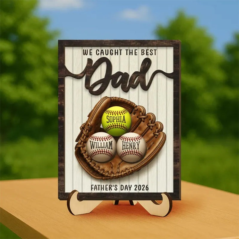 Personalized Baseball Dad Plaque: Custom Kids Names Wooden Sign