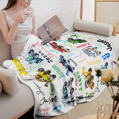 Custom Name Personalized Blanket, Cartoon Car & Engineering Vehicle Design