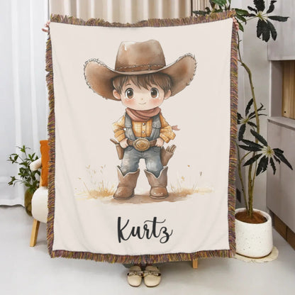 Personalized Cartoon Cowboy Tassel Blanket with Name