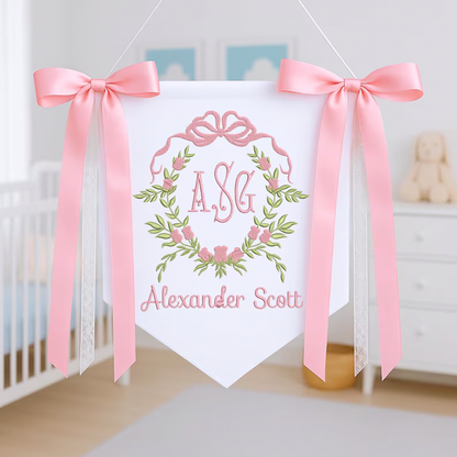 Personalized Baby Banner, Floral Crest Welcome Banner with bows
