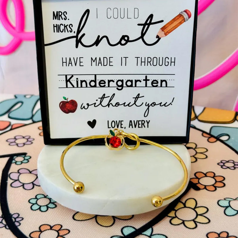 End of Year Teacher Gift Knot Bangle with apple charm, personalized Heart Card!