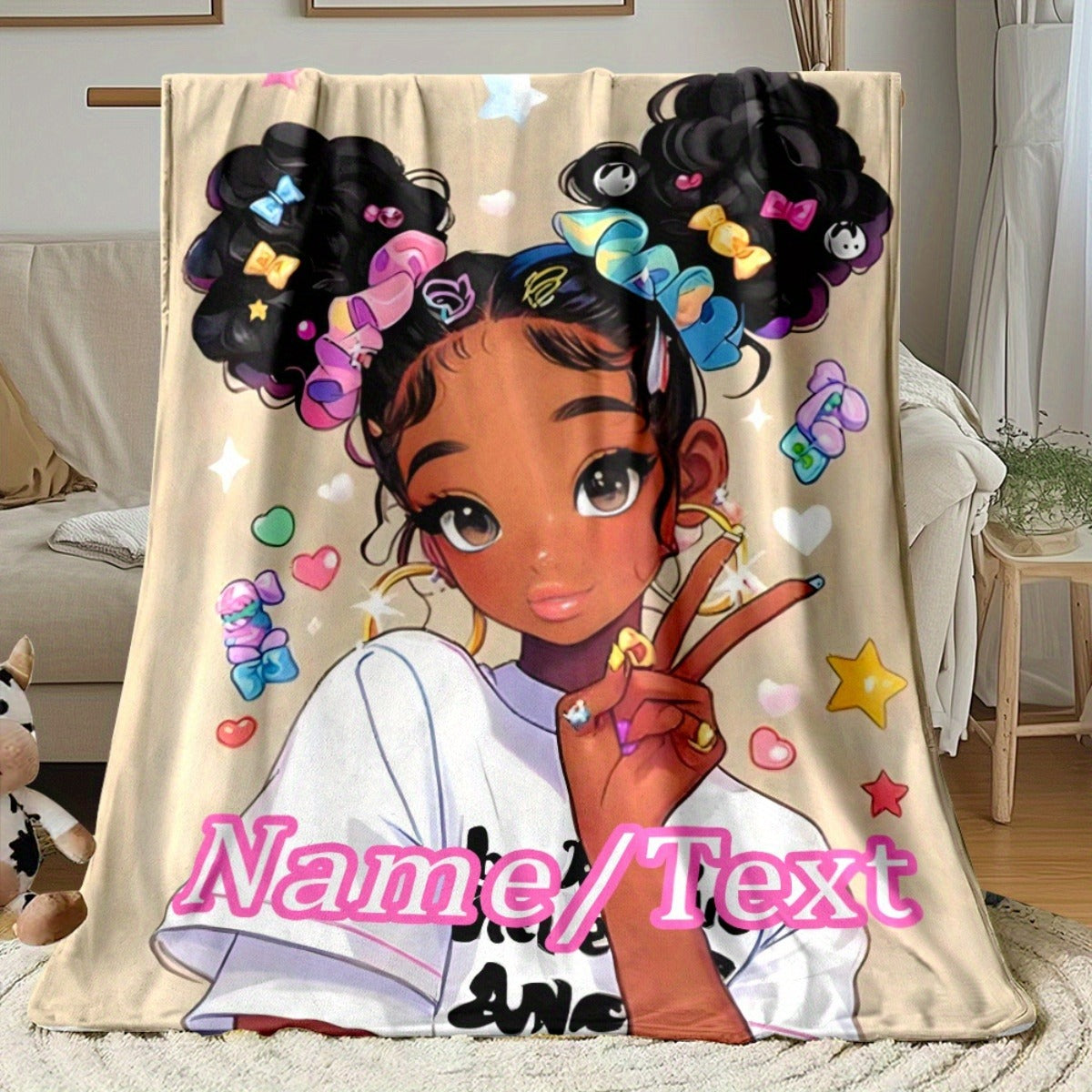Personalized Custom Name Anime Girl Peace Sign & Anime Characters Fleece Blanket