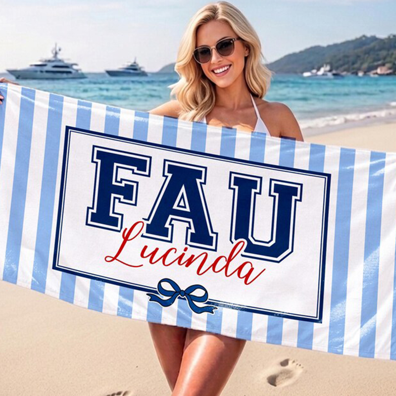 Personalized School Striped Beach Towel with Bow: College University Pride Spirit Gift,