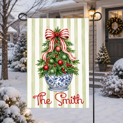Striped Christmas Tree Flag Personalized Garden Flag Holiday Decor Custom Family Name