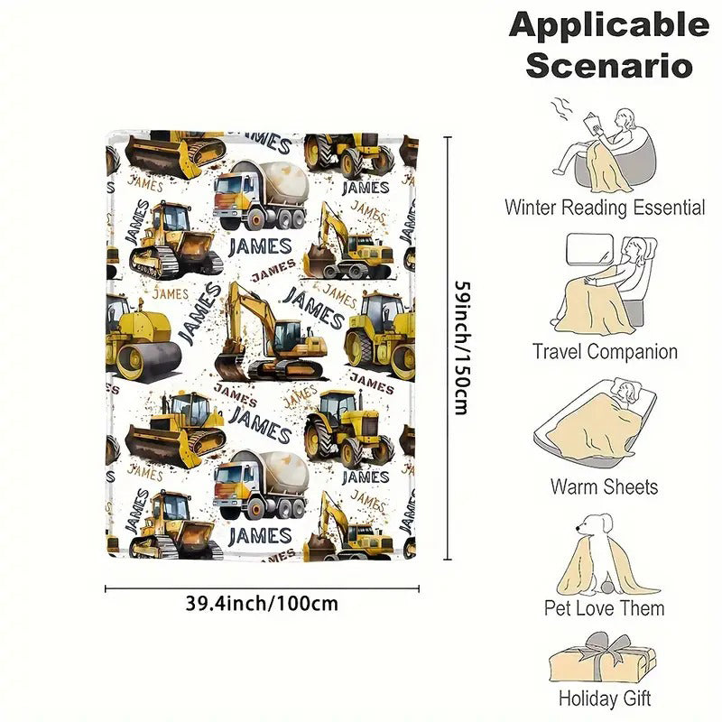 Personalized Fleece Throw Blanket Cute Excavator, Engineering Vehicle